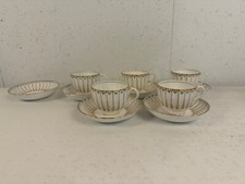 Antique Likely English Porcelain Set 5 Cups & Saucers w/ Blue Dots & Gold Dec. picture