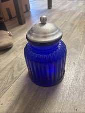 Vintage Artland Cobalt Blue Ribbed Apothecary Glass Jar Canister w/ Lid 9