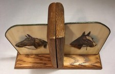 VTG HORSE HEAD DESIGN BOOKENDS SLAG GLASS & WOOD 8” Signed Glass EXC. picture