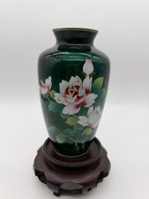 Vintage Japanese Cloisonné-Style Dark Green Vase with Pink & White Floral Design picture