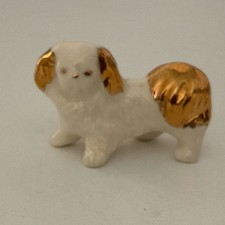 Rare  Porcelain mini  Pekingese Dog  Figurine Mid Century White & Gold Lustre picture