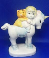 Vintage Ceramic Unicorn with Rainbow Mane Girl & Teddy Bear Figurine picture