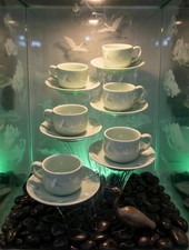12 Pc Korean Celadon soup cups &  saucers w/ hand painted cranes & clouds Rare picture