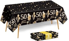 3Pcs 50th Birthday Tablecloth, Black Gold 50th Birthday Decorations for Men W... picture