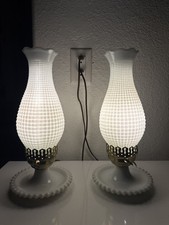 Vintage Hobnail White Milk Glass Hurricane Ruffled Table Lamps PAIR Metal Base picture