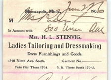 1906 MRS H L STENVIG LADIES TAILORING DRESSMAKING MINNEAPOLIS MN INVOICE Z7059 picture