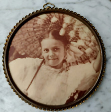 Adorable Girl & Parasol Vintage Celluloid Medallion Photo / Braided Brass Frame picture
