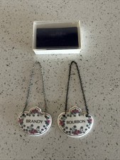 2 Vintage Kingsley Bourbon & Brandy Bone China Decanter Bottle Label Tags picture