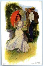 c1910's Pretty Woman And Three Men Waiting For A Good One Signed Artist Postcard picture