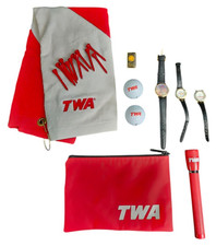 Vintage TWA Trans World Airlines Memorabilia Collectibles Golf Towel Bag Watches picture