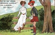 Scottish Comic Kilt Humor Do Ye Na Wear Breeks Laddie - Antique Postcard c 1912 picture