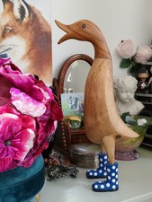 Dcuk Wooden Duck Wearing Blue Polka Dot Rain Boots Statue Figurine So Cute picture