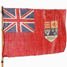 Vintage (Or Antique) Canadian Red Ensign Flag Cotton Coat of Arms Wooden Stick picture
