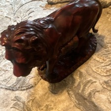 Large Brown Lion Figurine Sculpture Statue on Base, Approx 12 in Long picture