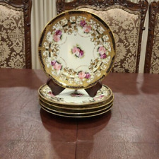 Antique Nippon Rose Set of 5 Plate Hand Painted Goldtone w/Ornate Filigree 7.5in picture