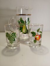 Vintage MCM Glass Juice Pitcher And Glasses Set Fruit Theme Gold Rim Retro... picture