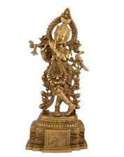 Brass Lord Krishna Playing Flute Idol | Antique Golden Finish Hindu God Statue picture