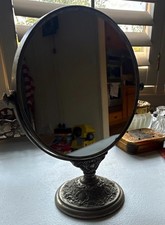 Ornate Metal Oval Vanity Mirror Tabletop Pedestal Stand with Embossed Base picture