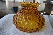 VTG Amber Glass Hurricane Lamp Quilted Diamond Pattern Lamp Shade 6.75” Fitter picture