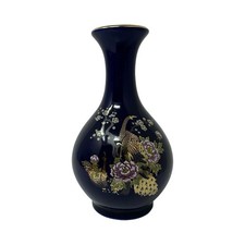 Vintage 1960s Japanese Cobalt Blue Peacock Bud Vase Gold Gilt Floral McCrory picture