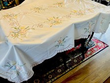 Vintage Extra Large White Scalloped Floral Motif Tablecloth, Excellent Condition picture