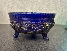 VTG Imperial Glass Carnival Cobalt Blue Luster 3 Toed Bowl Roses picture