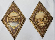 Vtg Italian Florentine Wall Plaques Pair Diamond Gold Leaf Ponte Vecchio Florenc picture