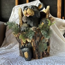 Bear Cub in Tree Trunk Resin Statue - Woodland Christmas Decor 24
