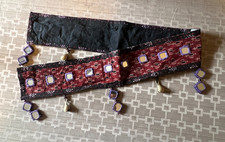 Vintage Kuchi Style Tribal Textile Panel Real Mirrors Brass Bells Dangles 39” picture