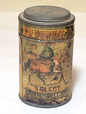 c1870s F.R. Durkee Spice Tin Can Paper Label Antique Cinnamon Knights rare picture