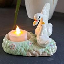 Vintage  Swan With Her Baby Cygnet Ceramic Votive Candle Holder 4.75
