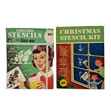 Vintage 1957 1966 Christmas Window Stencil Kits Glass Wax Santa Lot of 2 picture