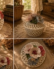Vintage Capodimonte Italy Porcelain Lattice Trinket Box Floral Lid Made in Italy picture