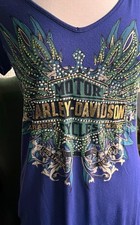 Harley-Davidson Women’s Graphic Short Sleeve Rhinestone Criss Cross Back  L picture