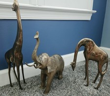 Vintage Solid Brass 1-Elephant, 2 Giraffe Statues Large 11lbs Heavy (All 3) picture