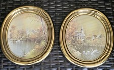 Vintage Set of 2 Homco Gold Plastic Oval Picture Frames Swan Church 7.5