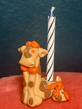 Vintage Hand Sculpted Clay Giraffe Cake Topper Candle Holder Signed Whimsical picture