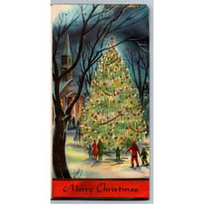 c1950s Embossed Town Christmas Tree People Church Scene Greeting Card MCM Vtg picture