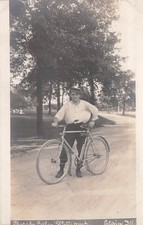 Young Man in Hat Posing w/ Bicycle Elgin Illinois IL G. Williams RPPC picture