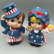 Patriotic Americana Ceramic Boy Girl Figurines Uncle Sam Red White Blue Set 6” picture