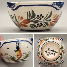 Vintage Henriot Quimper Ceramic Bowl Vide Poche Folk Art Cottage Woman France picture