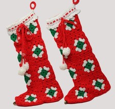 2 Vtg Handmade Crochet Granny Square Cottage Christmas Stockings Pom Poms Bells picture