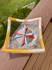 Mdina Glass Malta Maltese Cross Square Dish Bowl Vtg Art Glass Handmade Signed picture