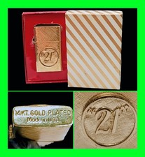 Stunning Vintage Thee 21 Club 14k Gold Plated  Lighter With Box UNFIRED - RARE  picture