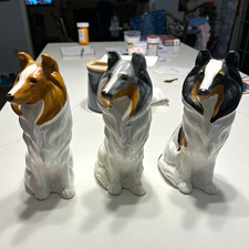 Collie Dog Ceramic Figurines Lot of 3 - Tan/White, Gray/White, Black/Tan/White picture