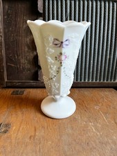 Vintage Westmoreland Roses & Bow Milk Glass Pedestal Vase Ruffled Edge 9” Tall picture