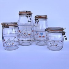 Set-4 Vtg 80s ARC France Country Geese Glass Canister Jar Heart Cottage Kitchen picture