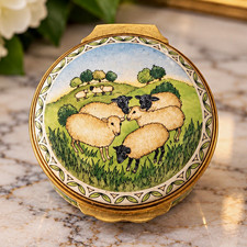 Vintage Halcyon Days Enamel Box Pastoral Sheep Bilston Battersea England 1.5” picture