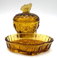 Vintage Sowerby Art Deco Amber Glass Dresser Jar & Trinket Dish Butterflies picture