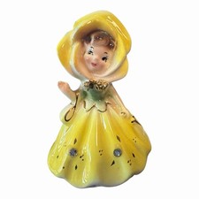 Vintage Lugenes Japan Ceramic Lady Bell Yellow Dress Rhinestones Bonnet 1950s picture